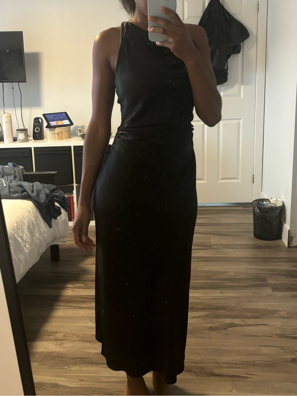 Zara Black Satin Cowl Neck Maxi Dress with Side Ruching